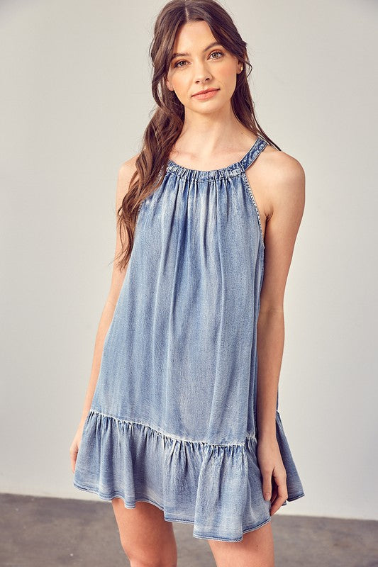 Shirred Halter Neck Dress WASHED DENIM S by Mustard Seed | Fleurcouture