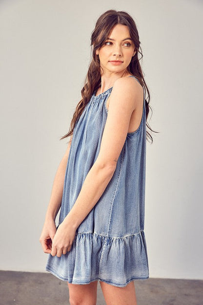 Shirred Halter Neck Dress WASHED DENIM S by Mustard Seed | Fleurcouture