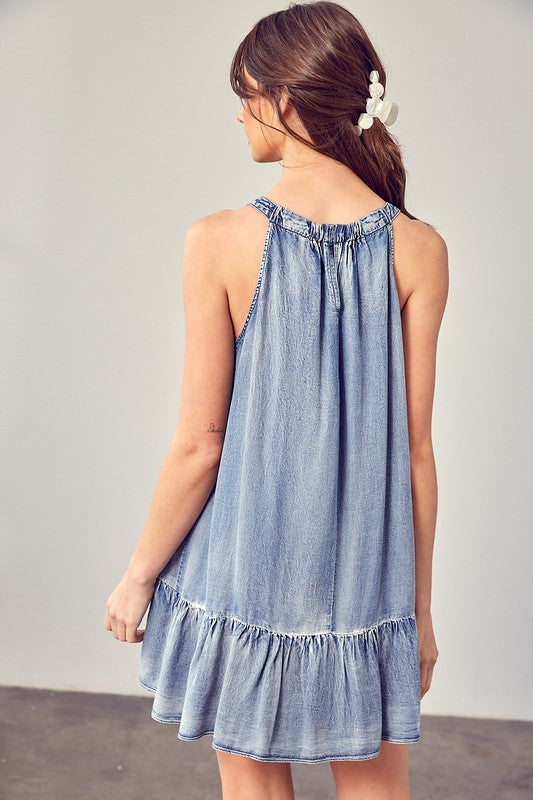 Shirred Halter Neck Dress WASHED DENIM S by Mustard Seed | Fleurcouture