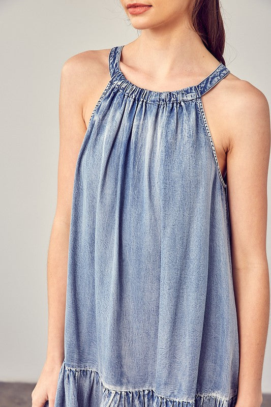 Shirred Halter Neck Dress WASHED DENIM S by Mustard Seed | Fleurcouture