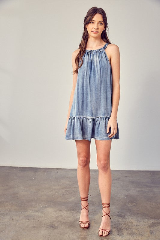 Shirred Halter Neck Dress WASHED DENIM S by Mustard Seed | Fleurcouture