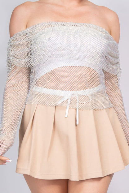 Shirred Off-shoulder Fishnet Top by Fleurcouture | Fleurcouture