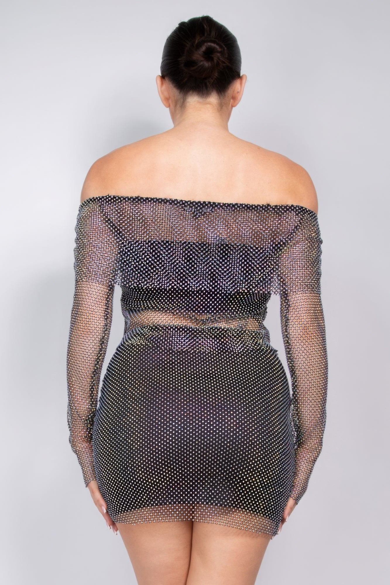 Shirred Off-shoulder Fishnet Top by Fleurcouture | Fleurcouture