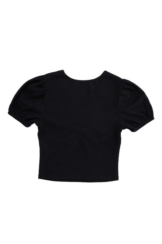 Shirred V neck top with puff sleeves by Lilou | Fleurcouture