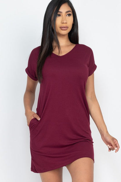 Short Cap Sleeve Pocket Mini T Shirt Dress Burgundy S by Capella | Fleurcouture