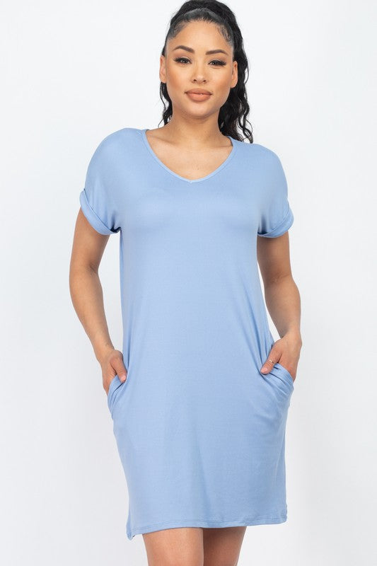 Short Cap Sleeve Pocket Mini T Shirt Dress Cloud S by Capella | Fleurcouture