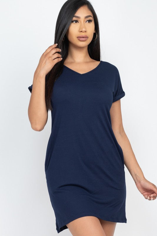 Short Cap Sleeve Pocket Mini T Shirt Dress Navy S by Capella | Fleurcouture