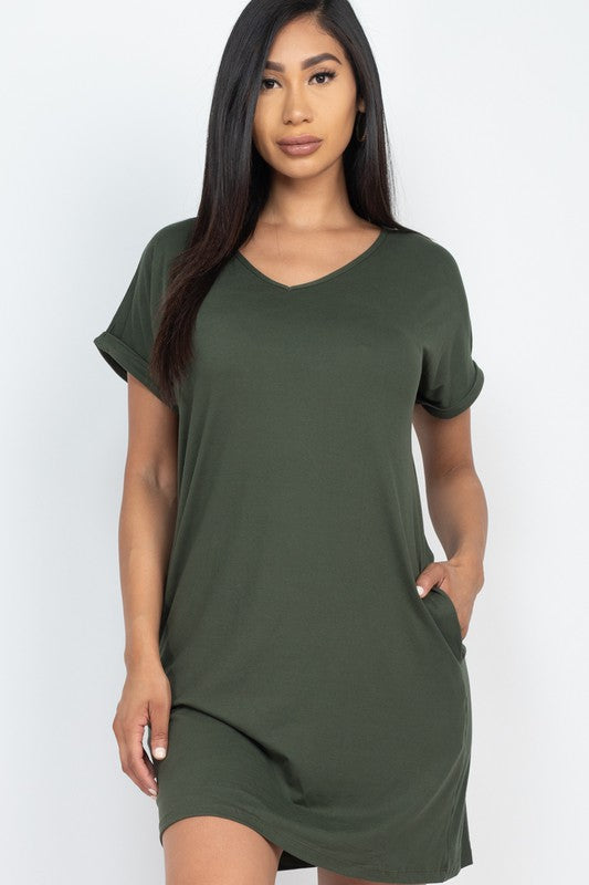 Short Cap Sleeve Pocket Mini T Shirt Dress Olive S by Capella | Fleurcouture