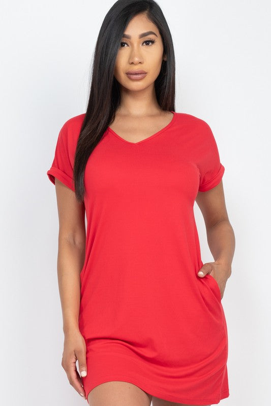 Short Cap Sleeve Pocket Mini T Shirt Dress Red S by Capella | Fleurcouture