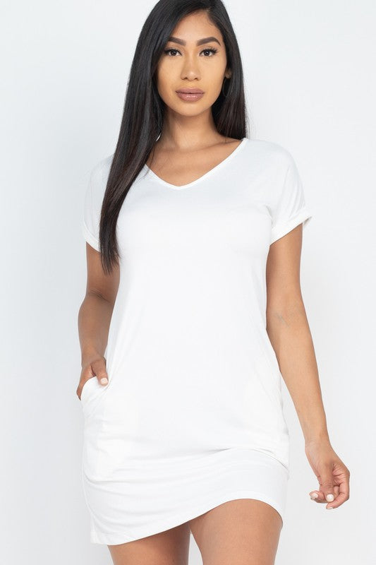 Short Cap Sleeve Pocket Mini T Shirt Dress White S by Capella | Fleurcouture