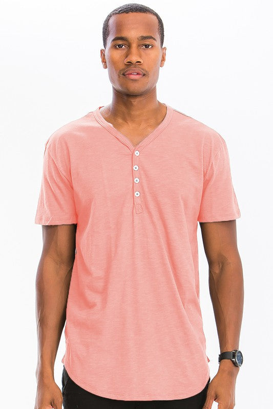 SHORT SLEEVE 4 BUTTON HENLEY SHIRT Pink S Men&