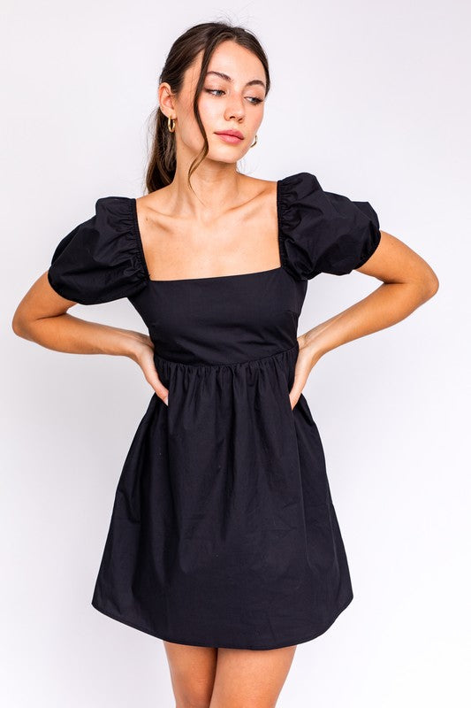 Short Sleeve Back Tie Detail Babydoll Dress BLACK S by LE LIS | Fleurcouture