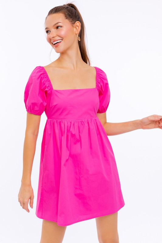 Short Sleeve Back Tie Detail Babydoll Dress FUCHSIA L by LE LIS | Fleurcouture