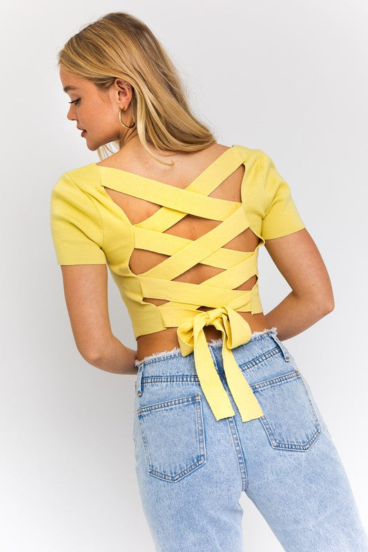 Short Sleeve Criss Cross Back Knit Top melon S by LE LIS | Fleurcouture