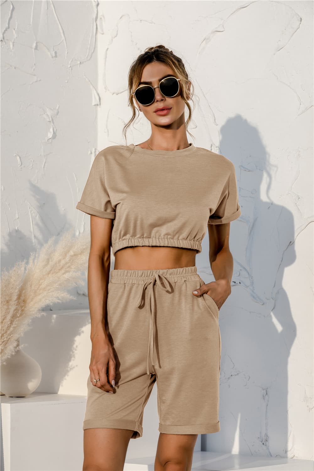 Short Sleeve Cropped Top and Drawstring Shorts Lounge Set Tan S Loungewear by Trendsi | Fleurcouture