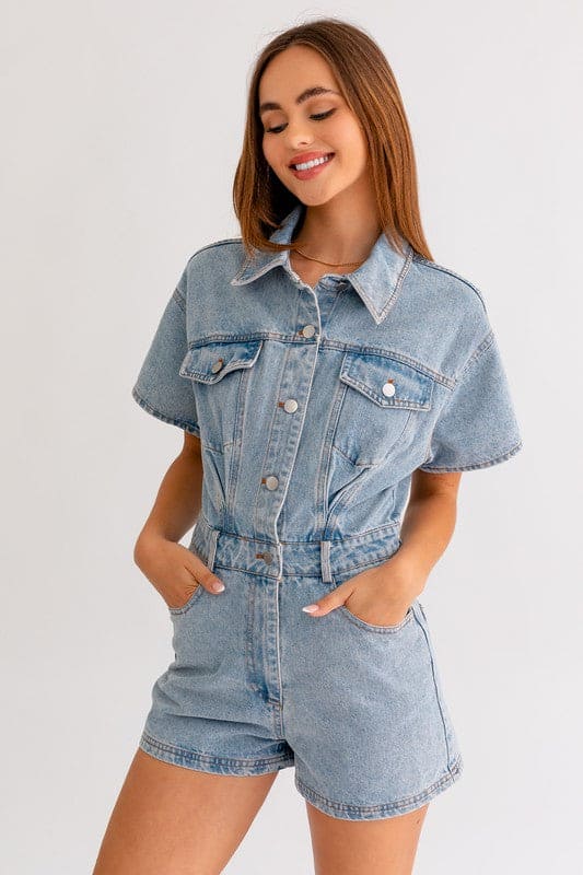 Short Sleeve Denim Romper DENIM XS Romper by LE LIS | Fleurcouture