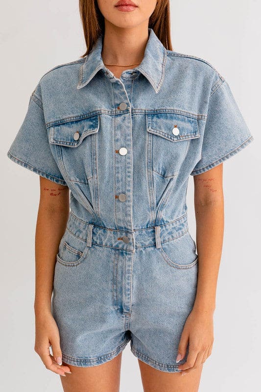 Short Sleeve Denim Romper Romper by LE LIS | Fleurcouture