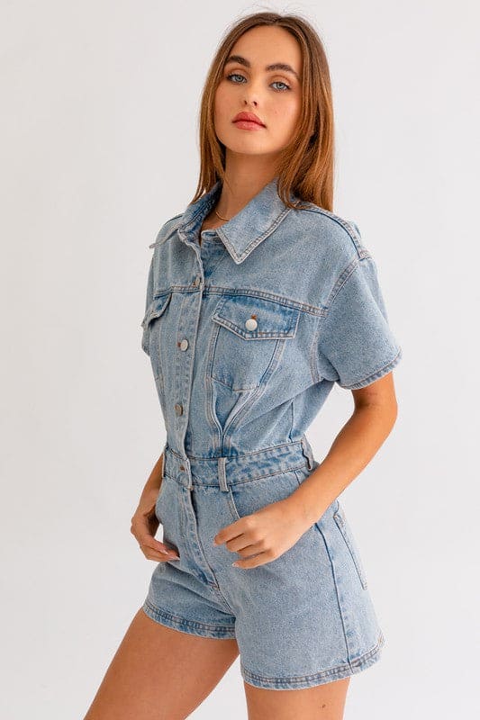 Short Sleeve Denim Romper Romper by LE LIS | Fleurcouture