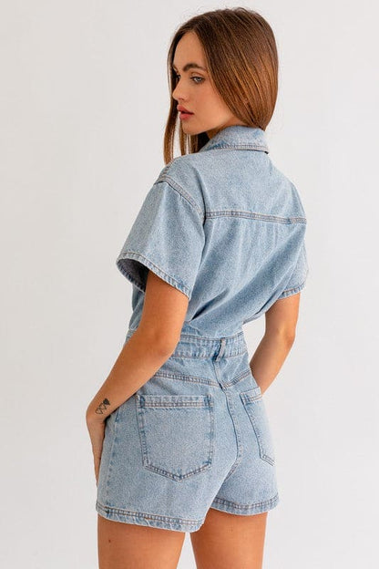 Short Sleeve Denim Romper Romper by LE LIS | Fleurcouture