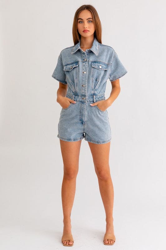 Short Sleeve Denim Romper Romper by LE LIS | Fleurcouture