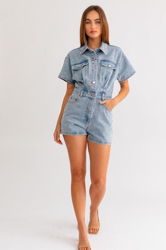 Short Sleeve Denim Romper Romper by LE LIS | Fleurcouture