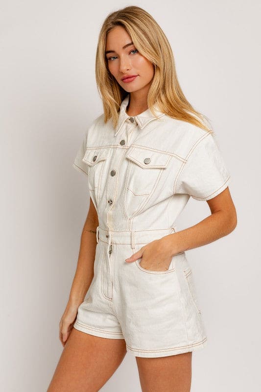 Short Sleeve Denim Romper Romper by LE LIS | Fleurcouture