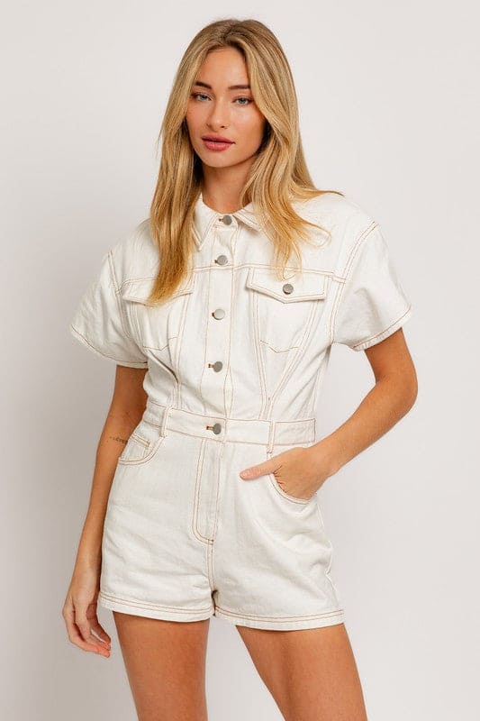 Short Sleeve Denim Romper WHITE XS Romper by LE LIS | Fleurcouture