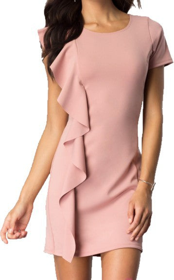 SHORT SLEEVE DRESS WITH ASYMMETRICAL RUFFLE Burgundy S by Cheryl Creations | Fleurcouture