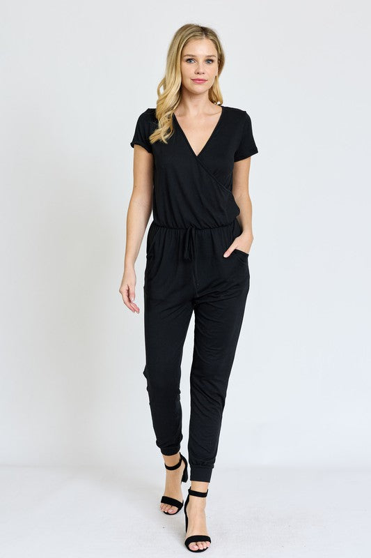 Short Sleeve Jogger Jumpsuit Black S by EG fashion | Fleurcouture