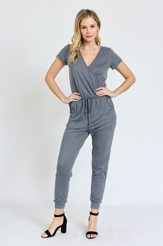 Short Sleeve Jogger Jumpsuit Melange Grey 1X by EG fashion | Fleurcouture