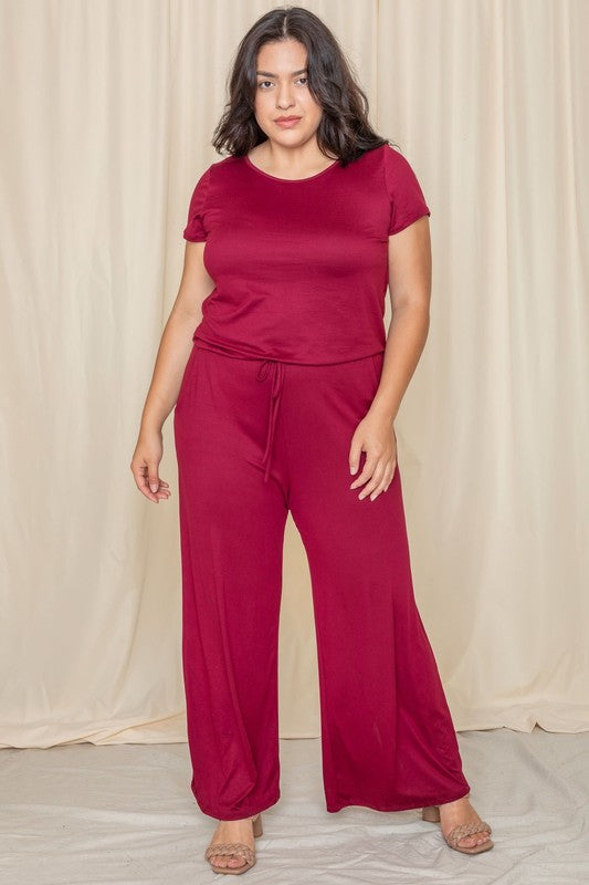 Short Sleeve Jumpsuit W/Pocket burgundy 1X by EG fashion | Fleurcouture