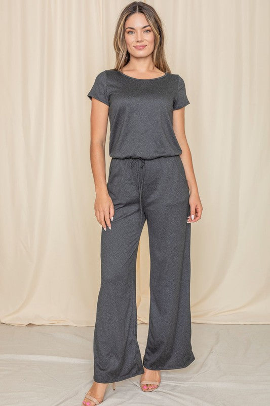 Short Sleeve Jumpsuit W/Pocket Charcoal S by EG fashion | Fleurcouture