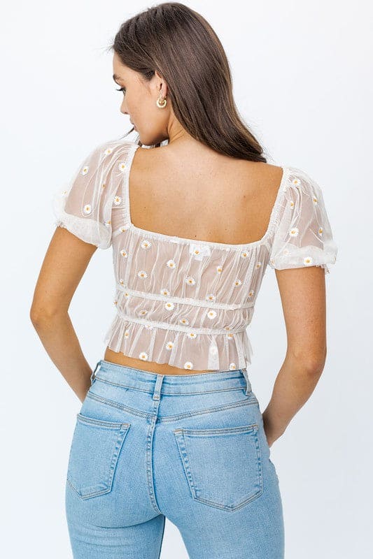 Short Sleeve Ruched Embroidery Crop Top IVORY-YELLOW FLORAL by LE LIS | Fleurcouture