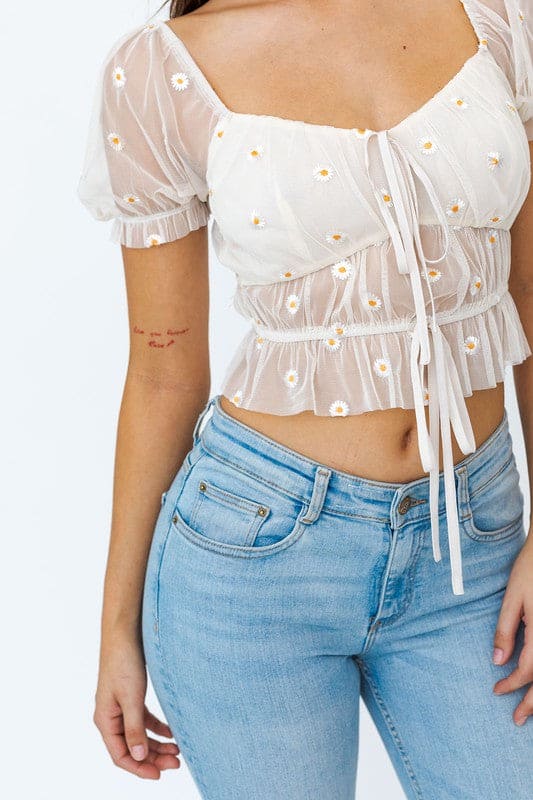 Short Sleeve Ruched Embroidery Crop Top IVORY-YELLOW FLORAL by LE LIS | Fleurcouture