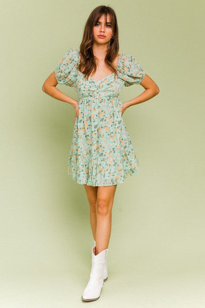 Short Sleeve Tiered Dress GREEN-MULTI FLORAL by LE LIS | Fleurcouture