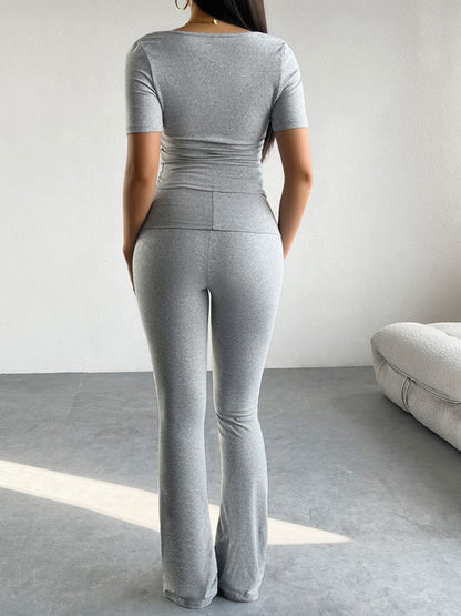 Short Sleeve Top and Pants Set Gray Women&