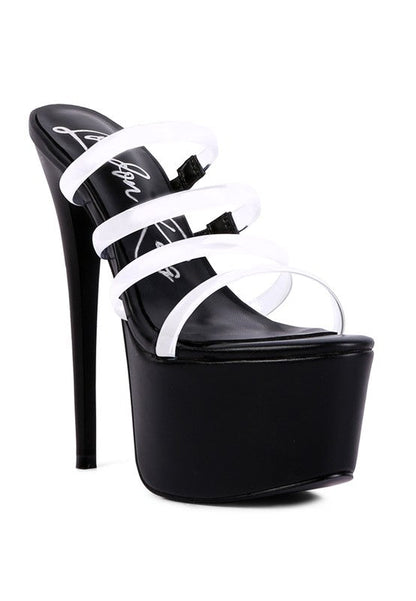 SHOTS UP ULTRA HIGH HEEL CLEAR STRAPS SANDALS Black 5 by Rag Company | Fleurcouture