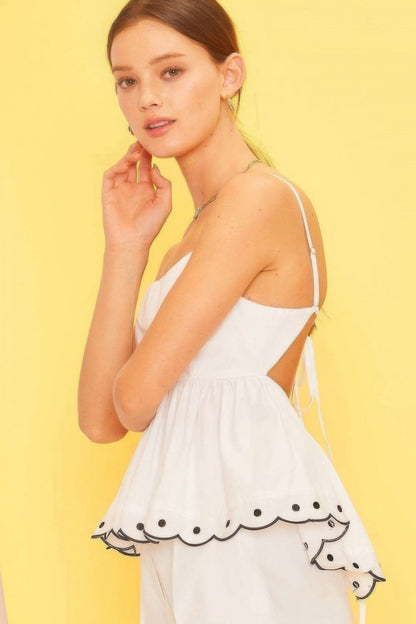 Shoulder Strap Back Tie Bottom Scallop Edge Top by Fleurcouture | Fleurcouture