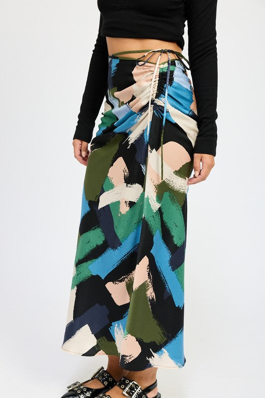 SIDE RUCHED MIDI SKIRT BLACK MULTI by Emory Park | Fleurcouture