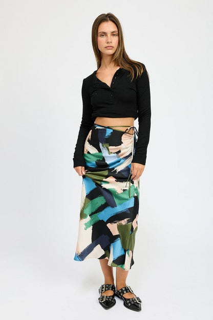 SIDE RUCHED MIDI SKIRT BLACK MULTI by Emory Park | Fleurcouture