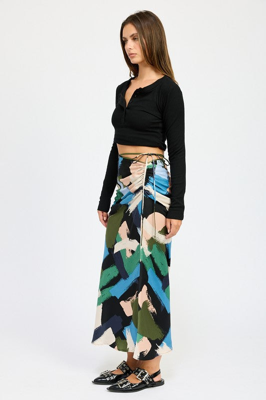 SIDE RUCHED MIDI SKIRT BLACK MULTI by Emory Park | Fleurcouture