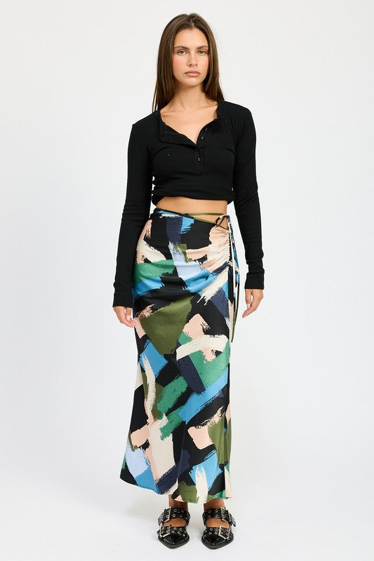 SIDE RUCHED MIDI SKIRT BLACK MULTI S by Emory Park | Fleurcouture