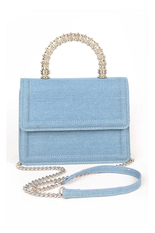 Silver Top Handle Denim Swing Bag Light Blue O/S by Artini Accessories | Fleurcouture