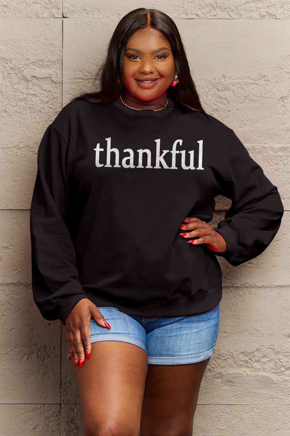 Simply Love Full Size THANKFUL Graphic Sweatshirt Black S Sweater by Trendsi | Fleurcouture