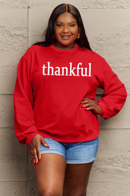 Simply Love Full Size THANKFUL Graphic Sweatshirt Deep Red S Sweater by Trendsi | Fleurcouture