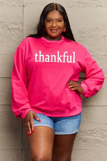 Simply Love Full Size THANKFUL Graphic Sweatshirt Hot Pink S Sweater by Trendsi | Fleurcouture