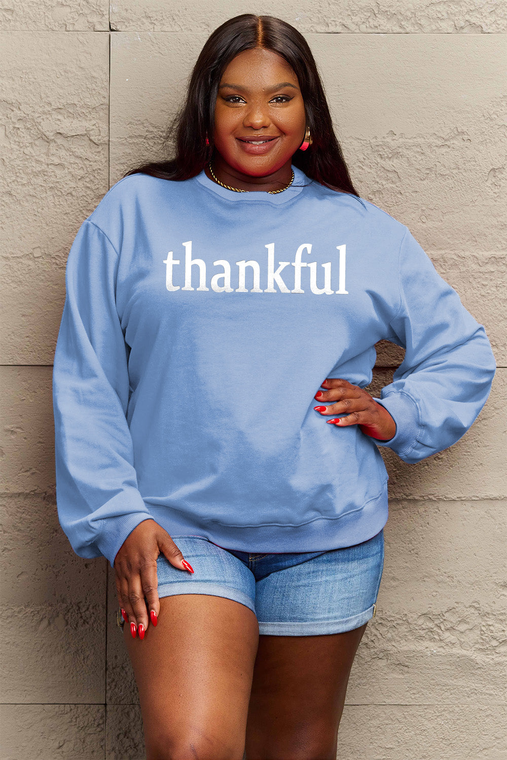 Simply Love Full Size THANKFUL Graphic Sweatshirt Pastel Blue S Sweater by Trendsi | Fleurcouture