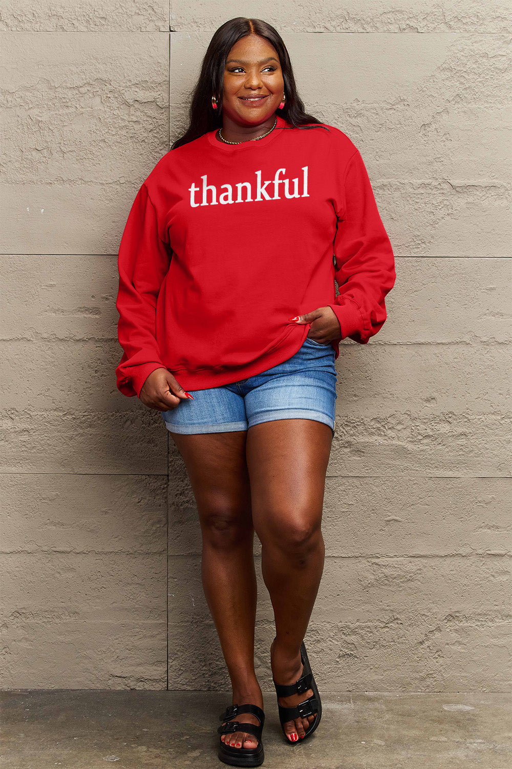 Simply Love Full Size THANKFUL Graphic Sweatshirt Sweater by Trendsi | Fleurcouture