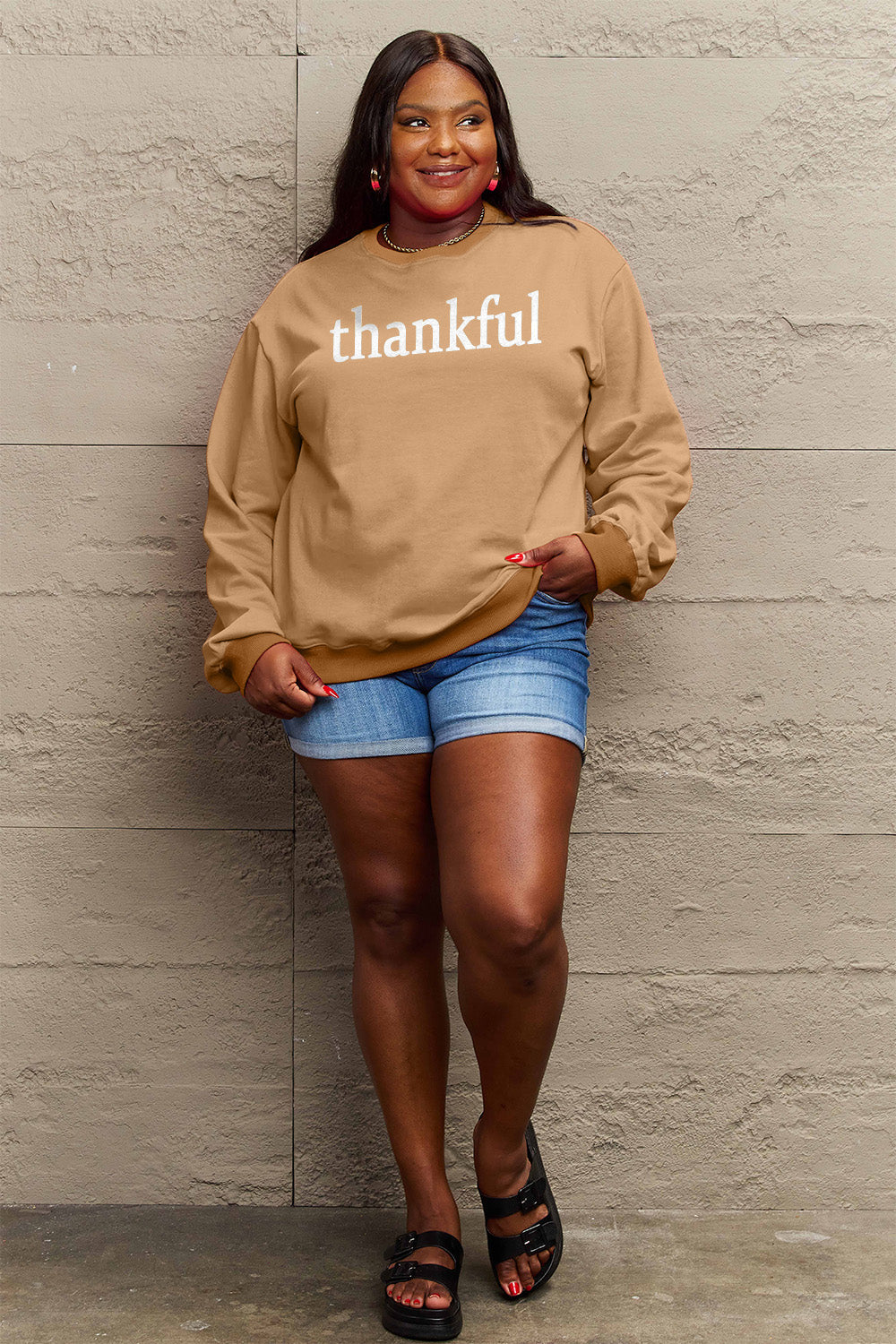 Simply Love Full Size THANKFUL Graphic Sweatshirt Sweater by Trendsi | Fleurcouture