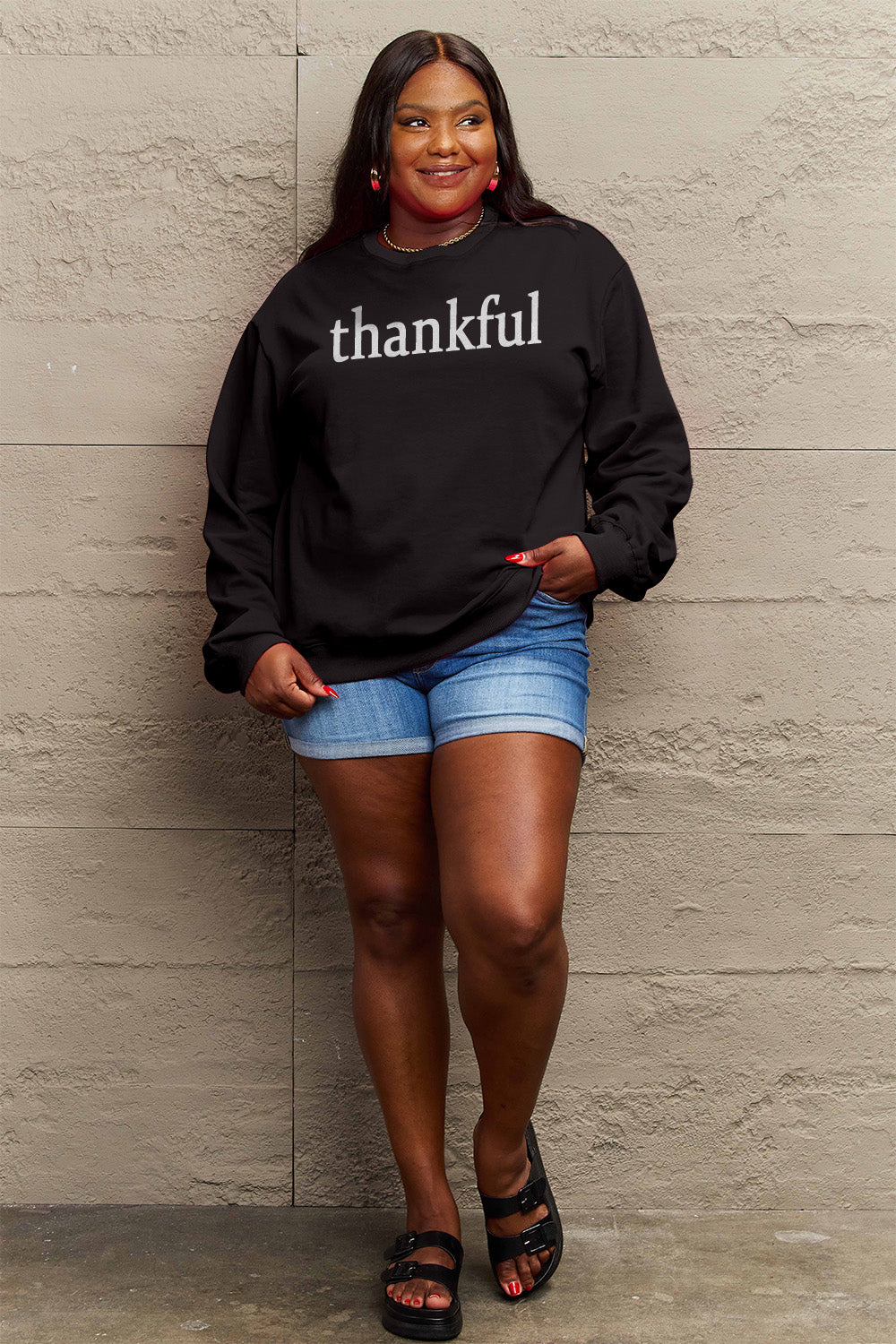 Simply Love Full Size THANKFUL Graphic Sweatshirt Sweater by Trendsi | Fleurcouture